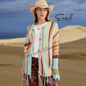 Easel Raw Hem Loom Woven Distressed Fringe Oversized Button Up Cardigan Jacket